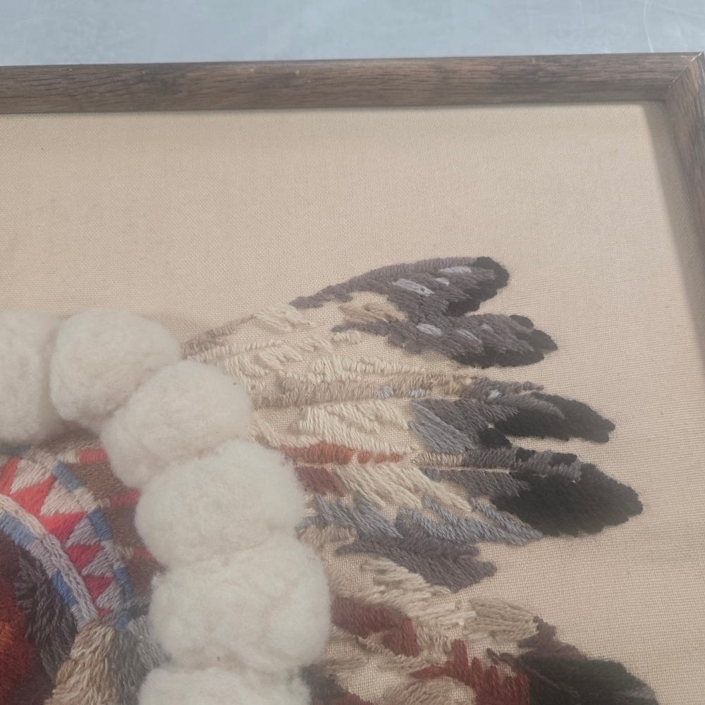 Vintage 1981 Hand Embroidery Needlepoint Native American Chief Framed Wall Art - Picture 12 of 16